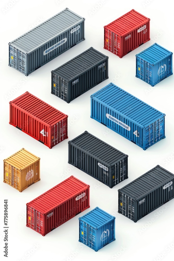 Poster a group of different colored shipping containers. suitable for industrial and transportation concept