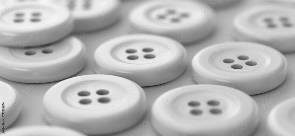 Poster white buttons arranged neatly on a table, perfect for sewing or crafting projects