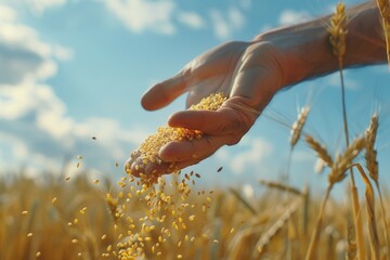 A person holding a handful of grain. Suitable for agricultural concepts - Powered by Adobe