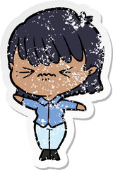 distressed sticker of a annoyed cartoon girl