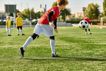 A young boy kicking a soccer ball on a grass field, showing determination and skill in his game.