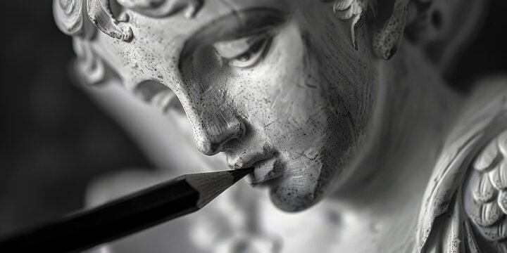 Close up of a statue with a pencil in its mouth. Suitable for educational concepts