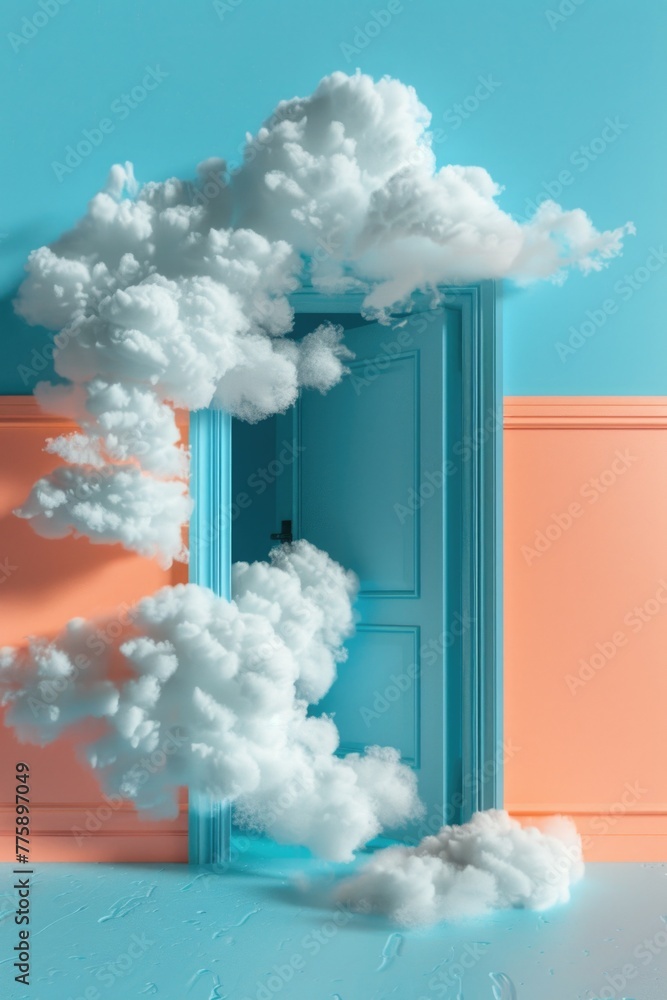 Poster A room with a door and a cloud floating in the air. Suitable for various concepts and designs