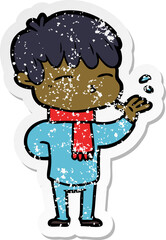 distressed sticker of a cartoon curious boy