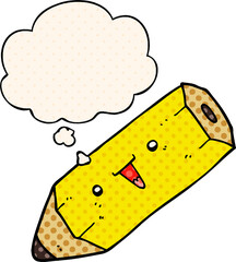 cute cartoon pencil with thought bubble in comic book style