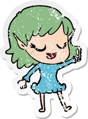 distressed sticker of a happy cartoon elf girl