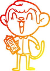 warm gradient line drawing of a cartoon laughing monkey