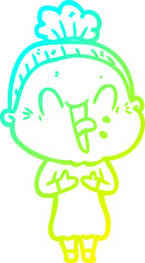 cold gradient line drawing of a cartoon happy old woman