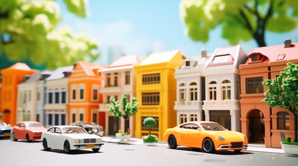 Obraz premium Miniature model downtown buildings and cars is depicted in a modern. House neighborhood, Mini street, Car toy
