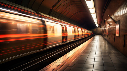 Tube station passing by at speed forming light trails from long exposure. Metro train passing station in fast movement, Transportation concept