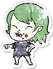 distressed sticker of a cartoon vampire girl with blood on cheek