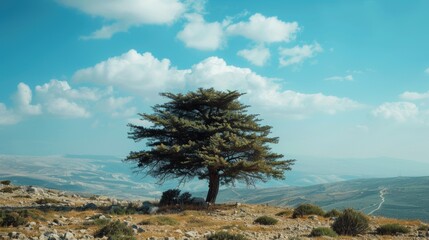 A solitary tree standing on a rocky hill. Suitable for nature and landscape themes - Powered by Adobe