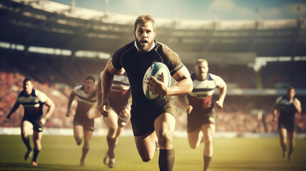 Young man rugby player fight for the ball in flight on professional rugby stadium. Rugby player running with ball past tackling opponent