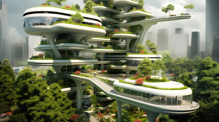 Futuristic office building which is skyscraper and surrounded by lush green surroundings, architectural design trends. Eco friendly building modern city