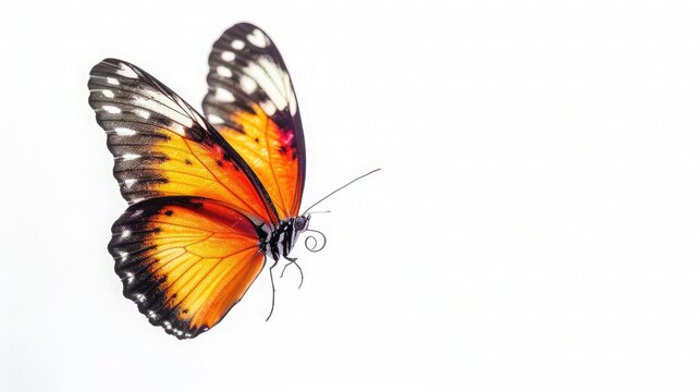 a butterfly as it flutters gracefully against a pure white background, its vibrant colors and delicate wings creating a mesmerizing contrast.