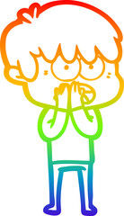 rainbow gradient line drawing of a worried cartoon boy