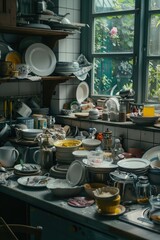 Cluttered kitchen with dishes, suitable for household and cooking concepts