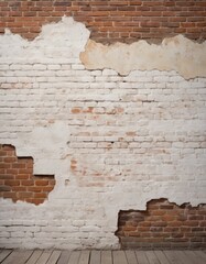 Image featuring an exposed brick wall with patches of white plaster, combining rustic charm with urban decay for a textured backdrop