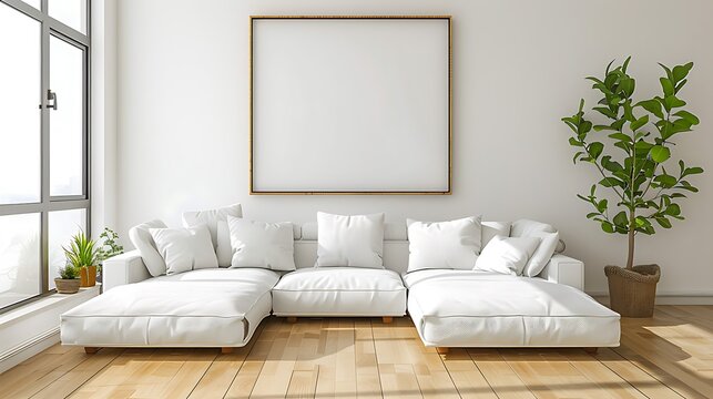 View of living room space with white sofa set and picture frame on white wall and bright laminate floor