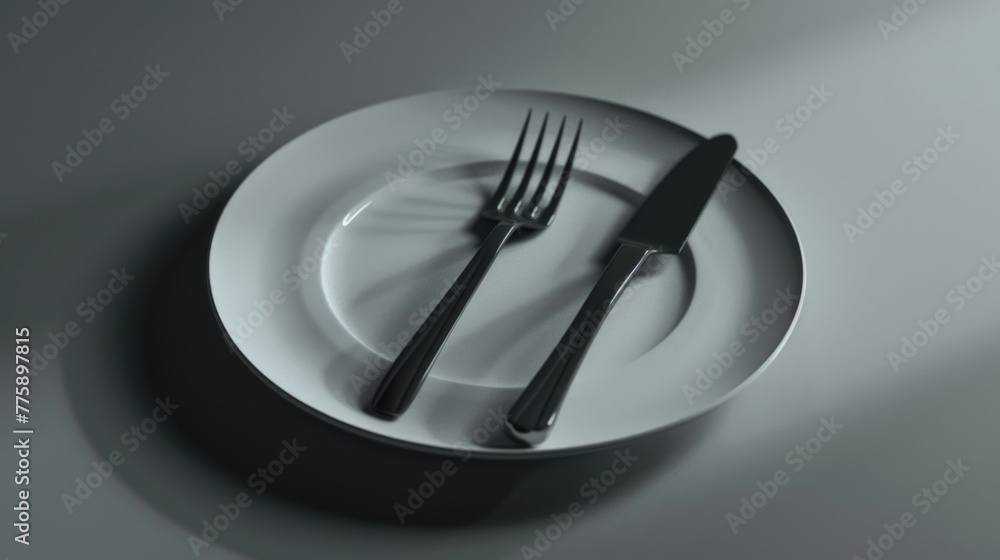 Poster a simple image of a plate with a fork and knife. suitable for restaurant menus or food-related desig