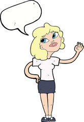 cartoon woman waving  with speech bubble