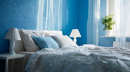 Vintage master bedroom with blue wall and white table lamp