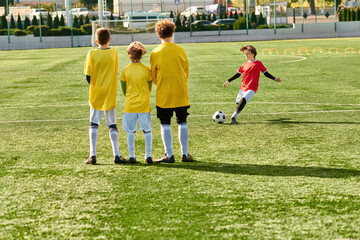 Obraz premium A group of energetic young boys proudly stand on top of a soccer field, exuding a sense of triumph and camaraderie as they survey the vast playing field below them.