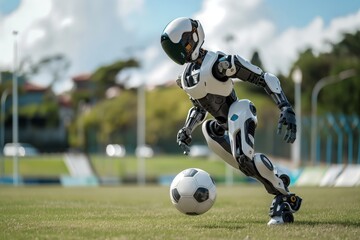 A robot with advanced design dribbling a soccer ball on a grass field, symbolizing technology in sports. - obrazy, fototapety, plakaty