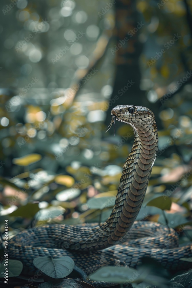 Poster a snake with its mouth open in the woods. suitable for nature and wildlife themes