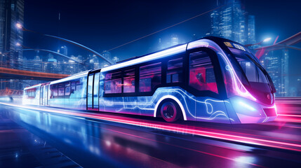 Modern car or bus moving swiftly through the city, carrying passengers on its tracks and platforms, amidst the bustling transportation network, showcasing the vibrancy of urban travel	