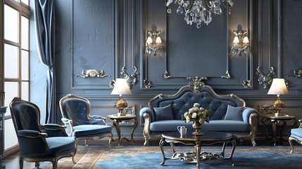 Vintage Style Blue Colored Living Room With Sofa