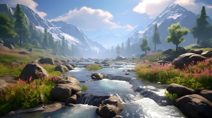 Beautiful panoramic landscape of a mountain river and forest on the background