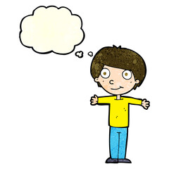 cartoon happy boy with open arms with thought bubble