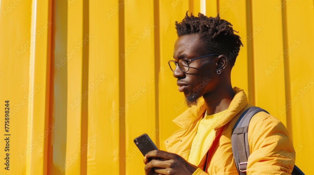 Poster a man in a yellow jacket looking at his cell phone. perfect for technology or communication concepts
