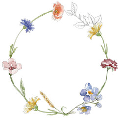 Watercolor wildflowers wreath illustration, meadow flowers frame clipart - 775898209