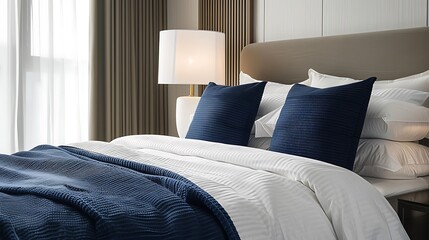 White lamp next to king size bed with navy blue bedding