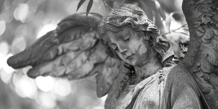 A black and white photo of a majestic angel statue. Suitable for various artistic projects