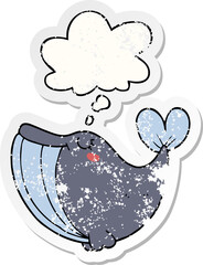 cartoon whale with thought bubble as a distressed worn sticker