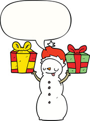 cartoon snowman with present with speech bubble