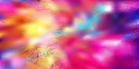 Neon purple disco music background with halftone raster effect. Abstract night club vector bg with gradient mesh and overlay pattern. Blurred motion lights and glares.