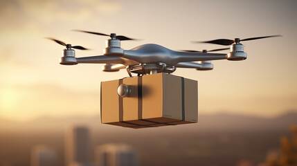 Sunset glow envelops delivery drone carrying package closeup image. UAV close up photography marketing. Technology concept photo realistic. Automated shipping picture photorealistic - Powered by Adobe