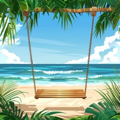 Swing hanging from a palm tree on the beach. Suitable for vacation and relaxation concept
