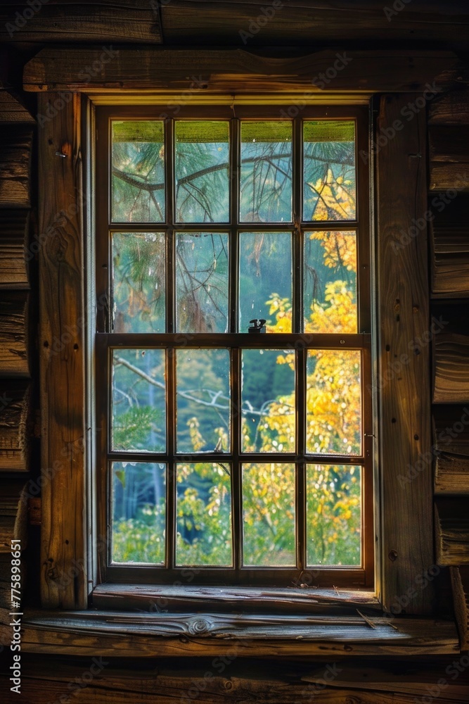 Poster a view of trees through a log cabin window. perfect for nature-themed designs