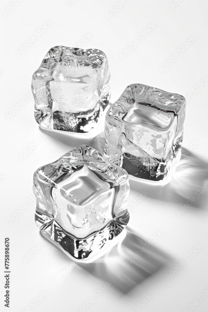 Poster three ice cubes on a plain white background. suitable for various cold beverage concepts