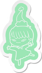 quirky cartoon  sticker of a woman wearing santa hat