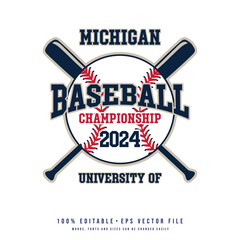 Michigan baseball badge logo vector, text effect vector. Editable college t-shirt design printable text effect vector.