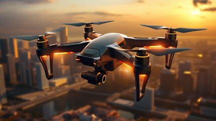 Drone against sunrise over city skyline closeup image. UAV operation close up photography marketing. Technological innovation concept photo realistic. Urban scene picture photorealistic