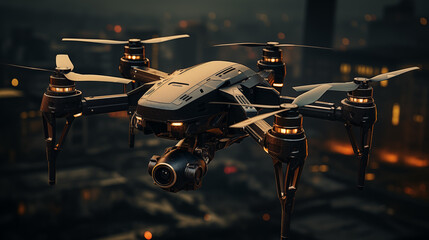 Amidst twilight, sleek black drone flies over city closeup image. UAV with propellers close up photography marketing. Technology concept photo realistic. Urban nightlife picture - obrazy, fototapety, plakaty