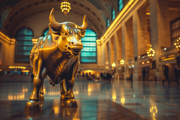 conic Presence: Golden Bull Amidst Stock Exchange Grandeur - obrazy, fototapety, plakaty