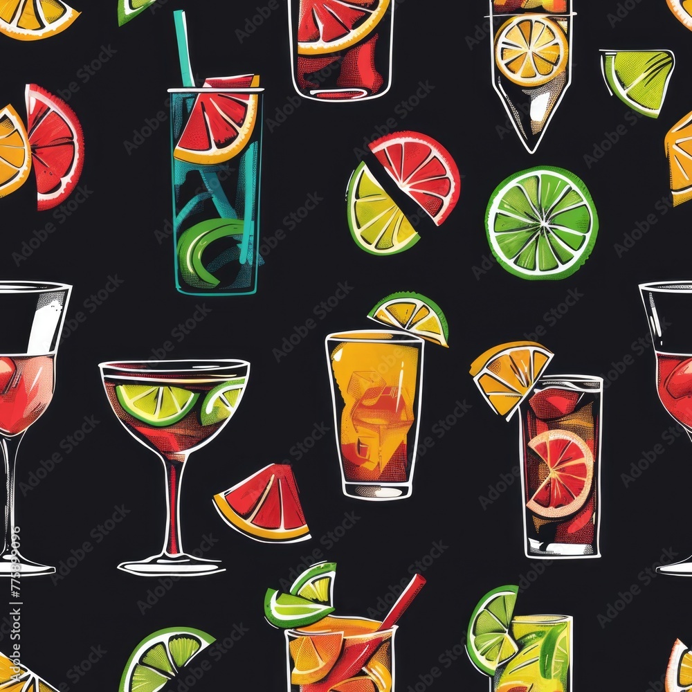Poster Various beverages displayed on a dark surface. Ideal for menu design